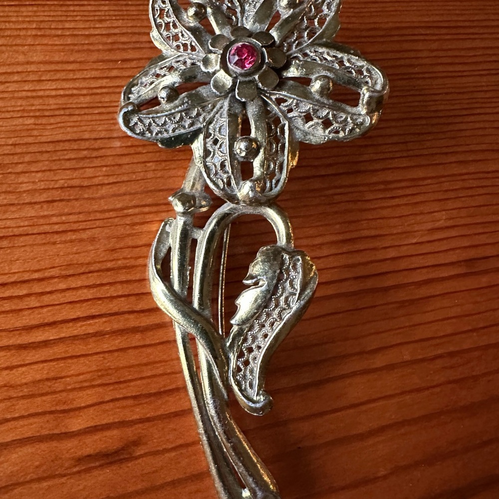 Silver Flower Pin with Red Gem